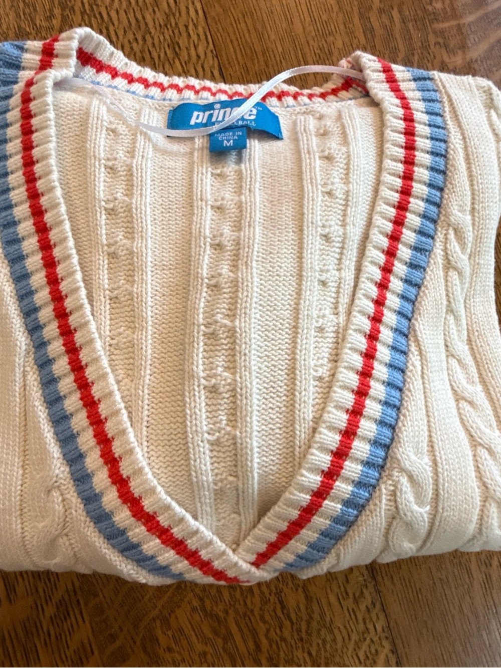Prince Cream Cable Knit Cardigan with Red & Blue Stripe Trim - Picture 13 of 13